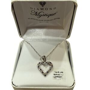 NIB Mystique Platinum Over Sterling Silver Diamond & Sapphire Heart Necklace